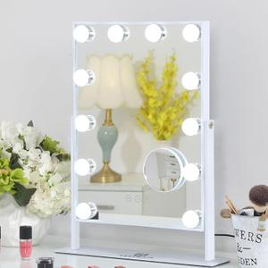 FENCHILIN Lighted Makeup Mirror Hollywood Mirror Vanity Makeup Mirror with Light Smart Touch Control 3Colors Dimmable Light Detachable 10X Magnification 360Rotation(White)