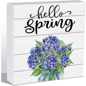Spring Table Decor Spring Decorations Indoor Hydrangea Home Room Office Bathroom Wood Box Sign Rustic Wooden Shelf Desk Decor Season Sign House Warming Gifts 5.9 x 5.9 Inch