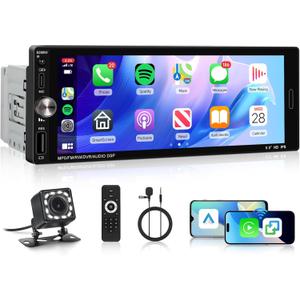 Single Din Car Stereo with Wireless CarPlay/Android Auto/Mirror Link, Driauto Car Radio Bluetooth Handsfree Headunit 6.9 Inch IPS Touch Screen 1 Din FM Type-C USB Charging EQ SWC with Reverse Camera