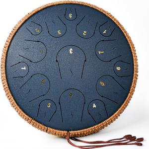 Steel Tongue Drum - 14 Inch 15 Note Tongue Drum - Hand Pan Drum with Music Book, Handpan Mallets and Carry Bag, C Major, Navy Blue