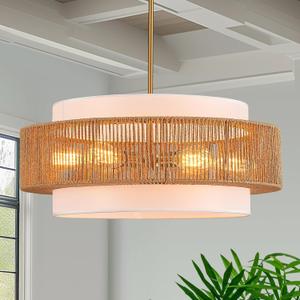 23.6" Rattan Chandelier with Linen Boho Farmhouse Hand Woven Bamboo Chandeliers Light Fixture Vintage Modern Drum Wicker Rattan Gold Chandelier for Dining Room, Kitchen, Living Room,Foyer