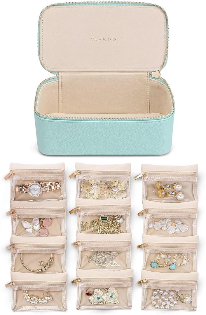 Vlando Jewelry Travel Case,Travel Jewelry Organizer with Clear Velvet Jewelry Bags 12Pcs Zipper Pouch for Women Girl Trendy Stuff Gift-Lake Blue