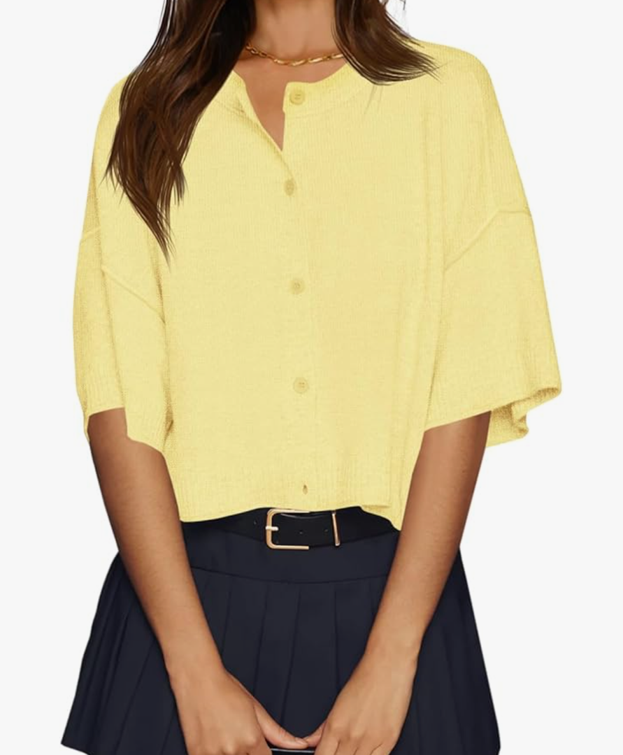 Cicy Bell Womens Half Sleeve Cardigan Sweaters Cropped Button Down Tops Oversized Lightweight Ribbed Knit Summer Outfits L