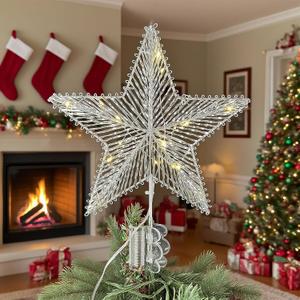 11 Inch Silver Star Christmas Tree Topper, 15 LED Lighted, Metal Frame with Hand-Woven Shiny Silver PVC, Clip-On Base, Xmas Star Tree Decoration for Home