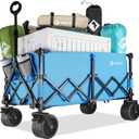 VILLEY Extended Collapsible Foldable Wagon with 330LBS Weight Capacity, 220L Heavy Duty Folding Utility Garden Cart with Big All-Terrain Beach Wheels with Brake & Drink Holders, Blue