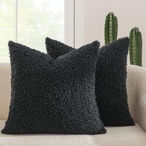 MIULEE Pack of 2 Throw Pillow Covers 18x18 Inch Neutral Black Faux Fur Decorative Sherpa Pillow Covers Fuzzy Accent Soft Sheepskin Fleece Cushion Cases for Boho Home Decor Couch Living Room Bed