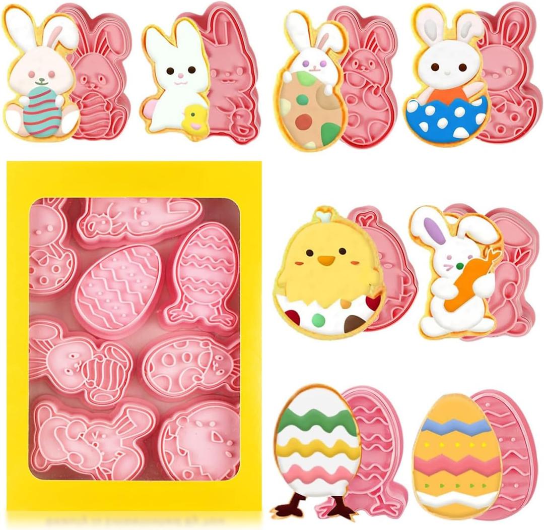 Cerlaza Easter Cookie Cutters, 8 Styles Cookie Cutters Cookie Stamps Goodie Bag Stuffers, Easter Eggs Bunny Cookie Cutter Mold Embossed for Kitchen Baking Tools