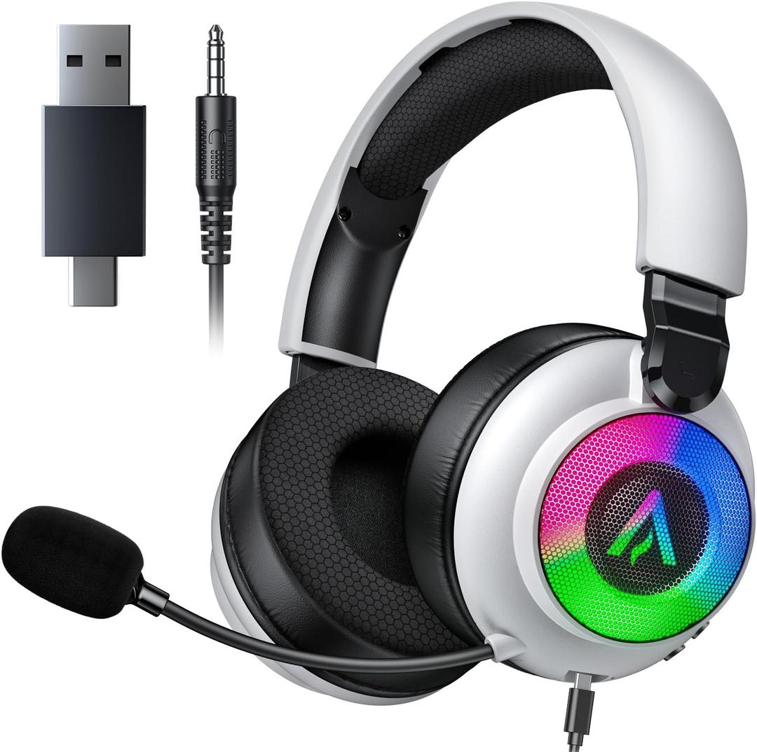 Wireless Gaming Headset for Ps5 Ps4 - 2.4GHz, Bluetooth, Wired, 7.1 Surround Sound, Noise Cancelling Mic, RGB Lights, 40H+ Battery, Lossless Audio, Comfy Over Ear Headphones for PC, Switch, Xbox, Mac (White)