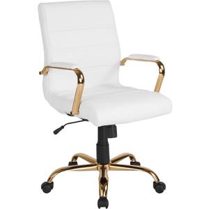 Flash Furniture Whitney Mid-Back Swivel LeatherSoft Desk Chair with Padded Seat and Armrests, Adjustable Height Padded Office Chair, White/Gold