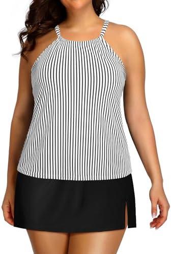 Yonique Women Two Piece Plus Size Tankini with Skirt Tummy Control Bathing Suits High Neck Swimsuits 18W