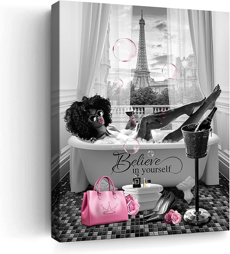 African American Wall Art Bathroom Decor Wall Art Black Girl In Bathtub Canvas Poster Prints Modern Pink Wall Decor Fashion Black Women Pictures Framed For Bathroom Ready To Hang 16"X20"