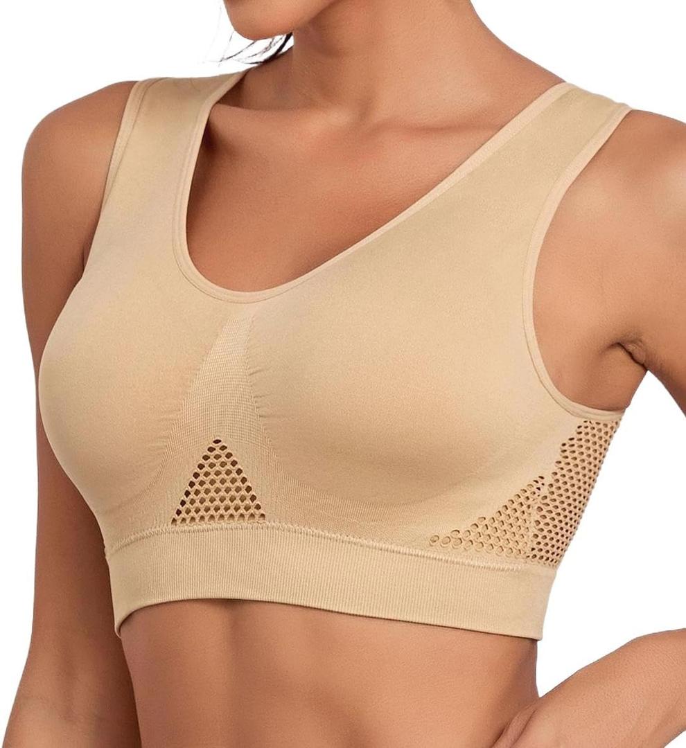Women Breathable Bras No Underwire Slight Lift up Comfortable Air Sports Bra Removable Pads (Medium, Nude)