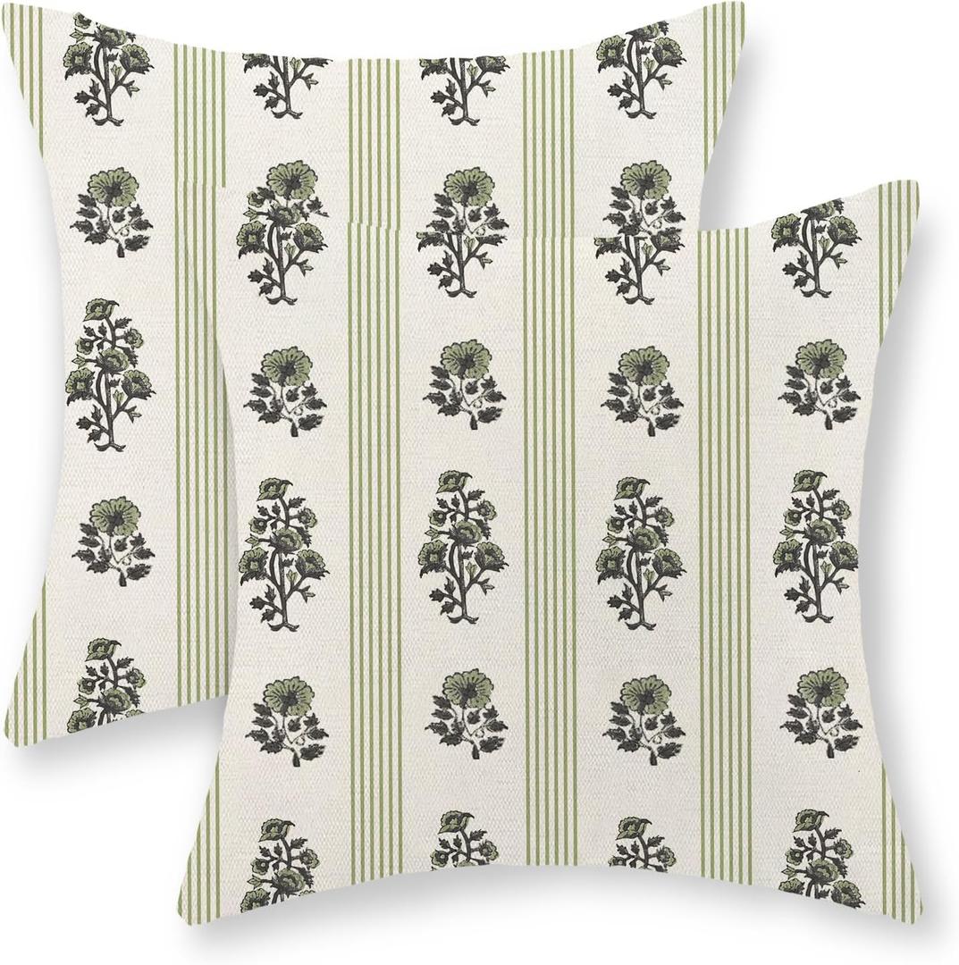 Floral Pillow Covers 18x18 Inch Set of 2 Block Print Sage Green Throw Pillows Vintage Boho Outdoor Decorative Pillow Cases Flower Striped Farmhouse Linen Cushion Case for Couch Sofa Bed Decor