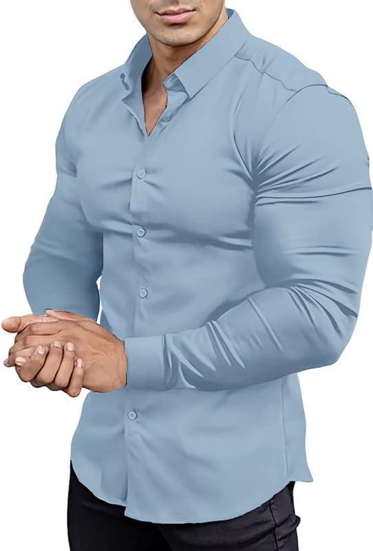Mens Muscle Fit Dress Shirts Athletic Slim Fit Long Sleeve Stretch Casual Button Down Shirt (Blue, L)