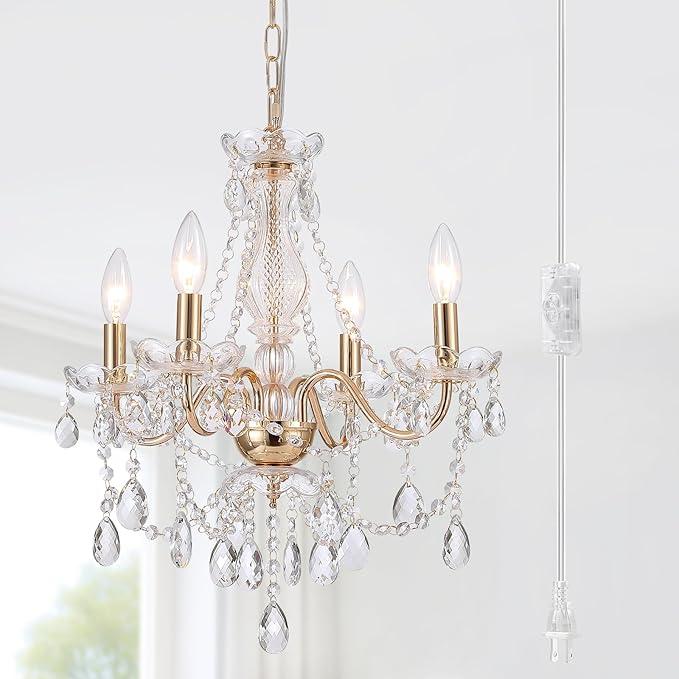 AMZASA Plug in Crystal Chandelier,French Country Gold Crystals Chandelier Pendant Lighting, 5 Light Glass Crystal Light for Living Room, Wedding, Island, Bedroom, Hallway,Foyer,Electroplating