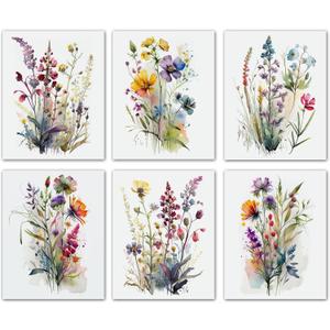 Colorful Wildflower Art,Watercolor Minimalist Wildflowers Art Print,Modern Botanical Plant Leaves Canvas Wall art,Blooming Flower Artwork for Garden Farmhouse Decor (Set of 6) - Unframed - 8X10 inch