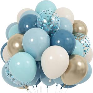 60 Pack Dusty Blue Gold Balloons, Slate Blue White Sand Teal Turquoise Crem Beige Latex Balloon Set Confetti Helium Balloon for Birthday Boho Baby Boy Shower Wedding Party Decorations