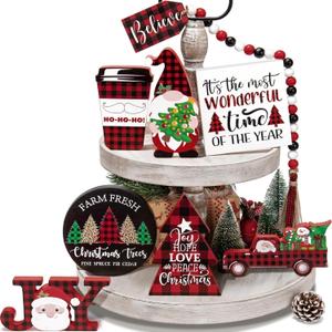 Christmas Tiered Tray Decor 8 PCS Xmas Decorations Indoor - Believe Merry Christmas Table Decor Wooden Signs - Xmas Farmhouse Decor 3 Tier or 2 Tier for Home Room Kitchen Mantel Holiday (Red & Black Buffalo Plaid)