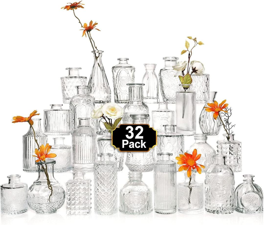 Arme Glass Bud Vase Set of 32 PcsSmall Glass Vases for FlowersClear Bud Vases in BulkVintage Vases for CenterpiecesSmall Glass Bud Vase for Rustic Wedding DecorationsHome Table Flower Dcor