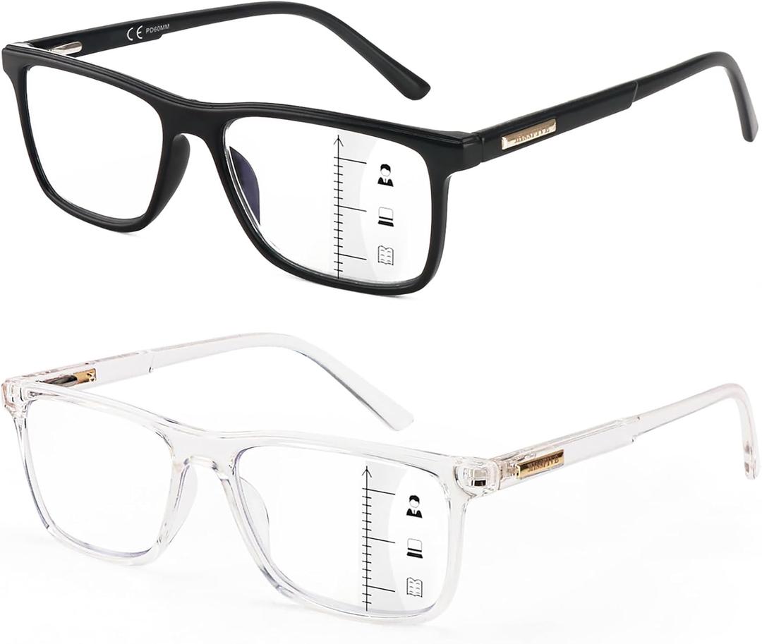 Missfive 2 Pack Multifocus Progressive Reading Glasses - Blue Light Blocking Anti UV/Eye Strain, Durable Metal Spring Hinge Multifocal Readers, Stylish Eyewear for Near Workspace,1.5x (Progressive, Lens Top Not 0x / Classic Style, Black + Transparent) Missfive 2 Pack Multifocus Progressive Reading Glasses - Blue Light Blocking Anti UV/Eye Strain, Durable Metal Spring Hinge Multifocal Readers, Stylish Eyewear for Near Workspace,1.5x (Progressive, Lens Top Not 0x / Classic Style, Black + Transparent)