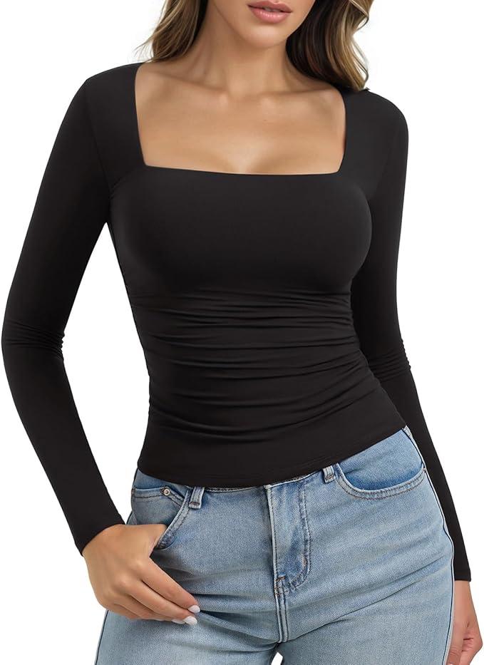 PINKMSTYLE Womens Square Neck Long Sleeve Top Warm Double Lined Shirt for Casual Work Going Out Outfit, S