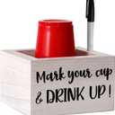 Single Cup Holder with Marker Slot Wooden Mark Your Cup and Drink Up Cup Holder Party Cup Organizer 2 Sides Designs Drink Dispensers for Parties Farmhouse Bar Party Decor Housewarming Hostess