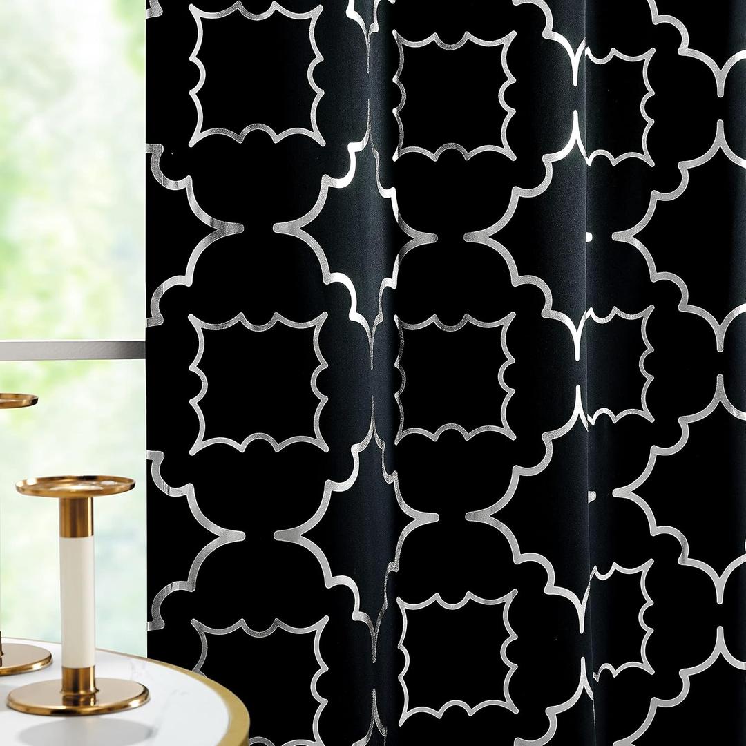 Black Blackout Curtain Panels for Bedroom 84" Silver Foil Moroccan Metallic Print Energy Efficient Drapes for Bedroom Living Room, Thermal Insulated Window Treatments Grommet Top 2 Panels (52"W x 84"L (Pack of 2), Silver/Black)