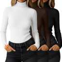 Ficerd 3 Pack Women's Ribbed Thermal Turtleneck Tops Long Sleeve Stretch Shirts Knitted Fitted Lightweight Base Layer (Medium, Black, Brown, White)