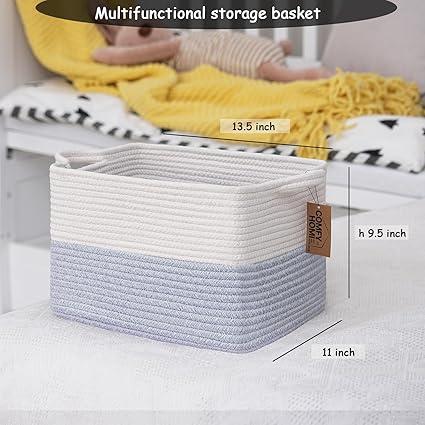 COMFY-HOMI 2PACK Cotton Rope Square Baske with Handles for Shelves|Dog Toy Baske Bin and Storage|Baby Baske for Gift|Shoe Baske for Organizing|13.5" x 11" x 9.5" for Living RoomWhite/Blue