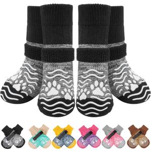 PUPTECK Anti Slip Dog Socks, Shoes with Grippers to Prevent Licking Hardwood Floors Traction, Rubber Boots & Paw Protectors for Small Medium Large Dogs Cold/Hot Pavement, Senior Dogs Booties Grey (X-Small (2 Pair))