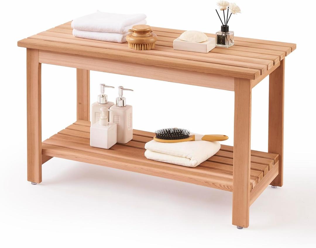 bingaai Western Red Cedar Sauna & Shower Bench 31.5" Fully Assembled Strong, Durable, Soft-Touch, Insulating Cedar Wood Bench for Bathroom, Sauna, Indoor & Outdoor Use