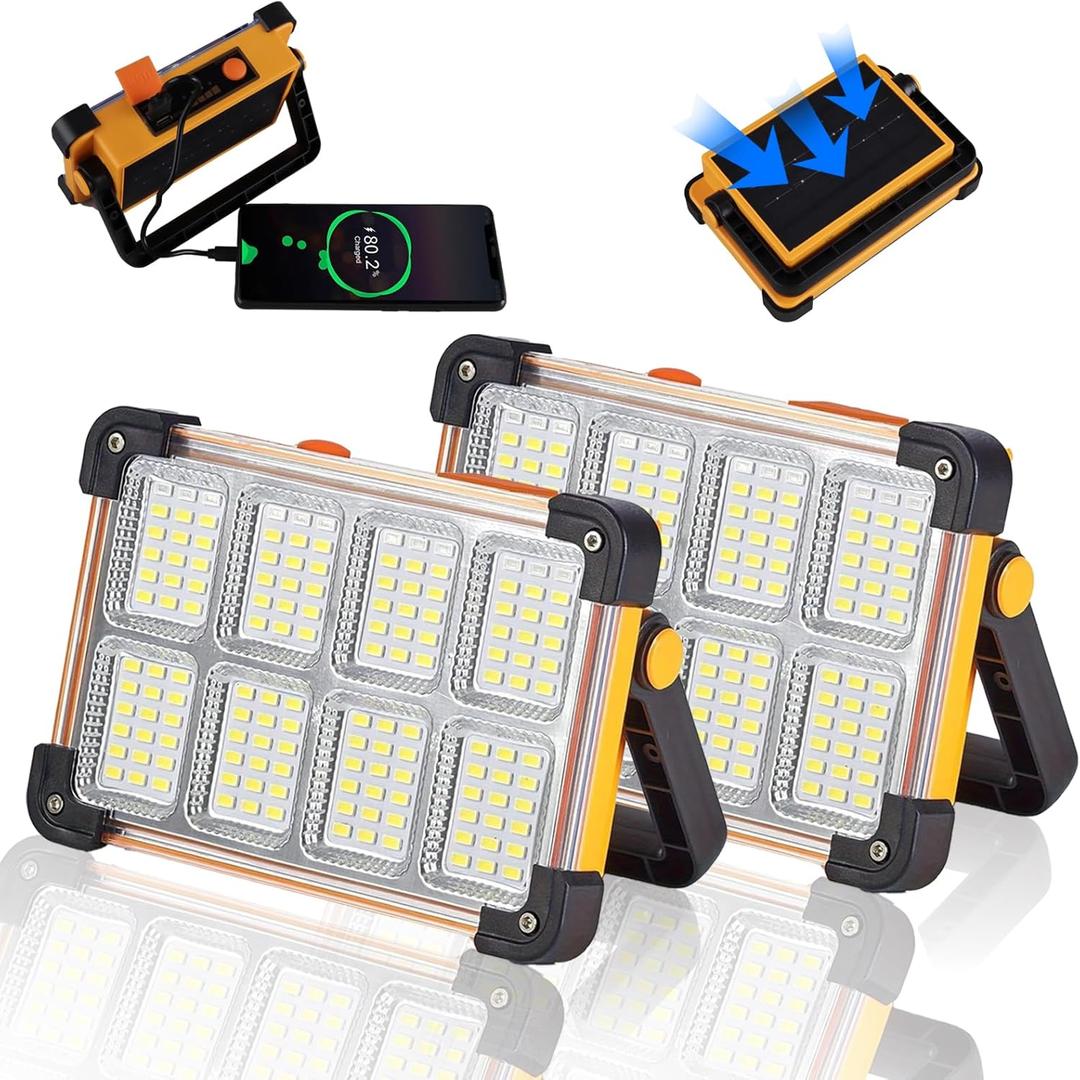 2 Pack 120W Solar Rechargeable Work Light, 144 LED 10000LM Portable Flood Light with Stand, IP66 Waterproof 4 Modes LED Job Site Lighting Flashlights for Mechanic Camping Fishing Car Repair