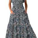 BLENCOT Womens Maxi Summer Casual Dresses Cap Short Sleeve V Neck Beach Flowy Fashion Boho Floral Printed Tie Dresses with Pockets P220 M
