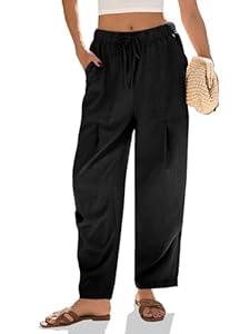 Cicy Bell Womens Beach Harem Pants Baggy Wide Leg Drawstring Summer Linen Palazzo Pants with Pockets Black, Medium