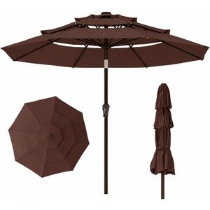 10ft 3 Tier Patio Umbrella, Outdoor Market Table Umbrella with UPF 50+ Vented Canopy, 8 Sturdy Ribs, Easy Push Button Tilt and Crank, Windproof for Deck, Pool, Backyard and Garden