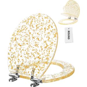 Angol Shiold ROUND Resin Toilet Seat Soft Close Quick Release Easy Clean Adjustable Hinges Heavy Duty Golden Glitter Cover Acrylic Toilet Seats (17Inch, Gold Foil, Upgraded hinge)