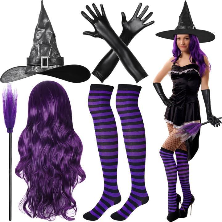 Olgaa 5 Pcs Womens Halloween Witch Costumes Set 2025 Adult Wig Hats Broom Gloves Stockings for Girl Party Cosplay Accessories (Purple)
