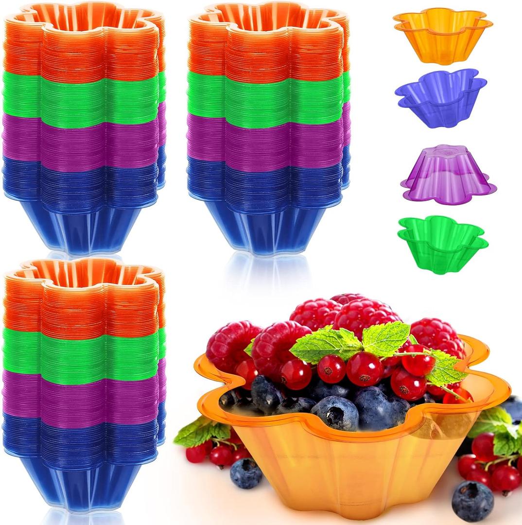 Mumufy 200 Pcs 8.5 oz Plastic Ice Cream Bowls Dessert Cups Disposable Colorful Flower Shape Pudding Fruit Trifle Tasters Containers for Sundae Chocolate Appetizers Shot Samplers Party Serving