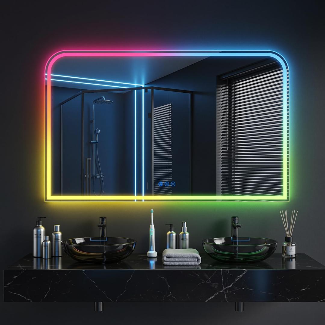 Antok LED Bathroom Mirror 40" L x 30" W, LED Mirror with Lights for Bathroom, Lighted Vanity Mirrors for Wall, Anti-Fog, Dimmable, Tempered Glass, Memory Function, 11 Colors, Safe Use, RGB Multicolor