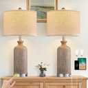 Living Room Lamps Set of 2, 27" Touch Lamps for Nightstand with USB A+C Ports, Modern Farmhouse Table Lamps for Bedroom, Wood Grain, Ceramic