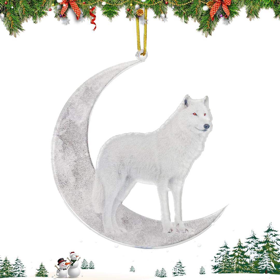 3 x Christmas Tree Decorations, Acrylic Animal Christmas Ornaments, Home Decoration, Party Decoration, Small Animals on The Moon (White Wolf)