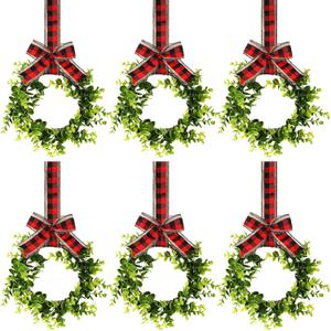 Yilloog 6 Pcs Christmas Kitchen Cabinet Wreaths Decorative Boxwood Wreaths with Ribbon Artificial Greenery Farmhouse for Decorating Front Door Window Party(Red Black Plaid with Linen)