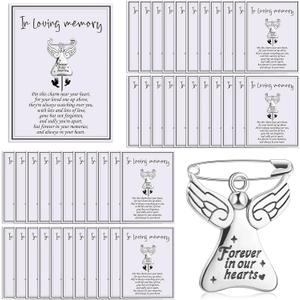 Inbagi 50 Set Funeral Memorial Pins Angel Charm Keepsakes Memorial Message Charms Pendant with Card in Loving Memory Cards with Safety Pins for Guests Mourning Brooch Sympathy Gifts
