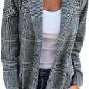 IDEALSANXUN Tweed Blazers for Women 2024 Fall Winter Long Oversized Plaid Houndstooth Blazers Casual Dressy Business Work Suit Jackets, Blue, XL