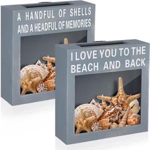 Juexica 2 Pcs Seashell Holder Seashell Display Box Beach Room Decor Ocean Themed Gifts for Sea Shell Coastal Decor Acrylic Wall Hanging Display Case(Paint Blue,to The Beach and Back)