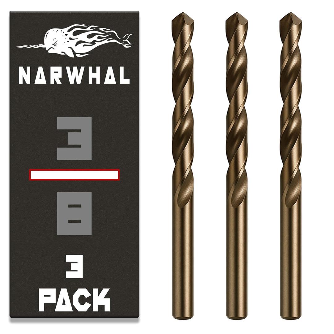 Narwhal 3/8 Inch Cobalt Drill Bits (3 Pack - Industrial Grade M35 Cobalt) 5" Length & 135 Degree Split Point for Drilling Into Metal, Hardened & Stainless Steel, Cast Iron, & More!