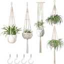 Mkono Macrame Plant Hangers Set of 4 Indoor Hanging Planter Basket Wall Decorative Flower Pot Holder with 4 Hooks for Indoor Outdoor Home Decor Gift Box, Ivory