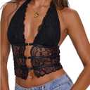 Verdusa Women's Going Out Tops Y2k Goth Lace Croset Sheer Halter Top Party Rave Outfits Sexy Camisole (Large, Black)