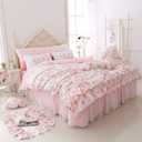 LELVA Romantic Roses Print Duvet Cover Set with Bed Skirt Pink Lace Ruffle Floral Shabby Chic Bedding Sets King 4 Piece