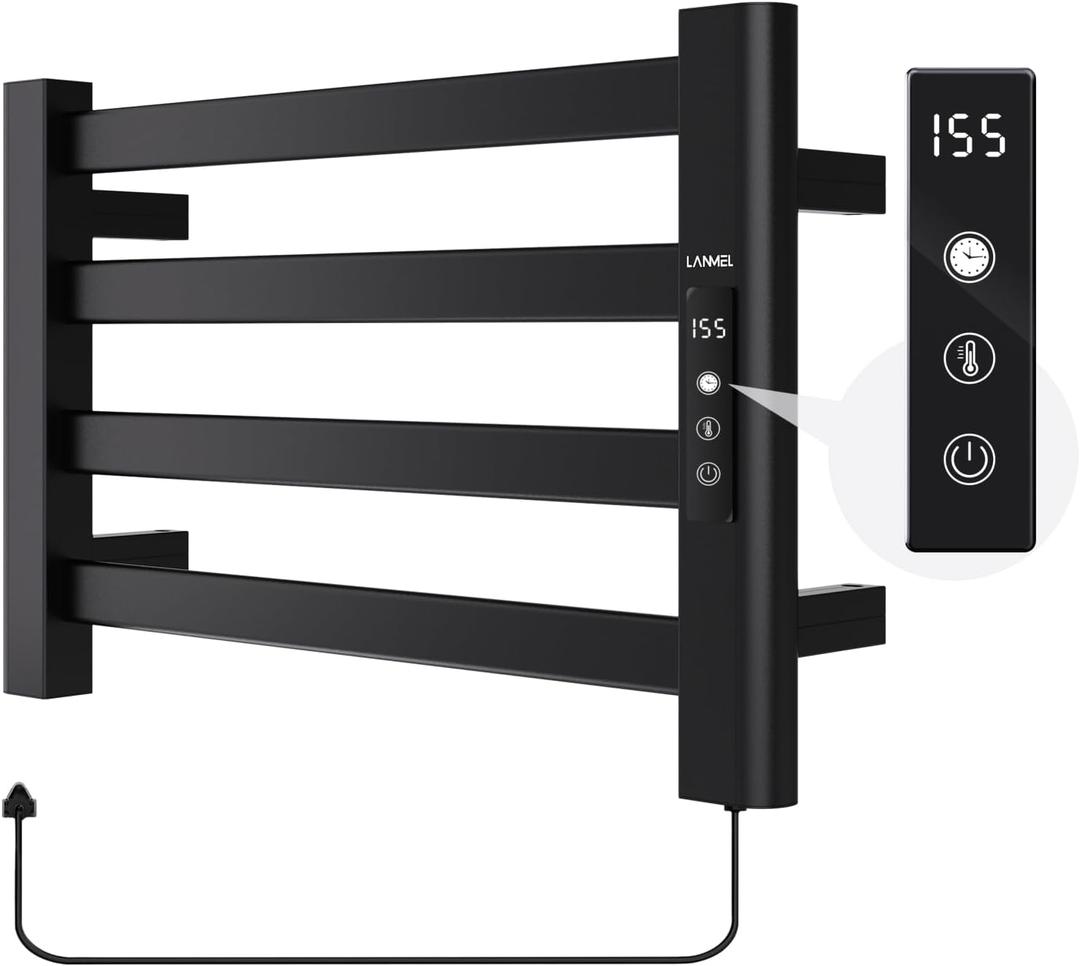 LANMEL Towel Warmers for Bathroom, Wall Mounted Heated Towel Dryer Rack, 11.4" 4 Bars Black – IPX6, Touch Display, 24hr Timer & Temp Control